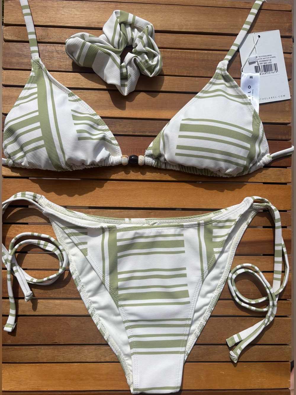 MEDIUM NWT Matcha Bead Bikini & Matching Scrunchie Green White 3 Piece SwimStyle